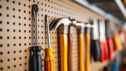 Tools hammer screwdriver workshop woodwork equipment hand tool pegboard organized repair maintenance