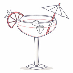 Cocktail Glass Garnished With Citrus Umbrella And Ice Cube Flat Design