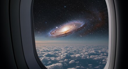 Naklejka premium An airplane window showing a surreal view where the reflection is of a galaxy with stars and nebulae, instead of the typical clouds
