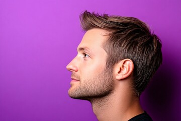 Fototapeta premium Creative of style for aging men. A soft and natural man with a glowing expression. Purple solid background. Chic men's mid fade haircut - midlife white man with hair.