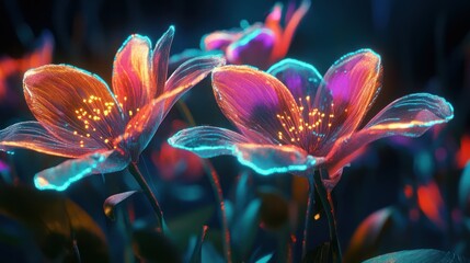 Luminous bloomscapes: A fantastical floral world bathed in neon luminescence