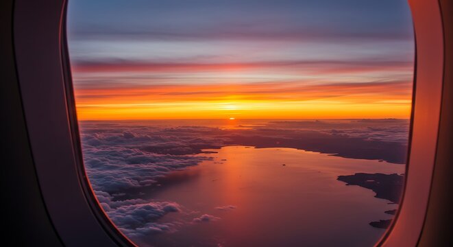 Fototapeta A beautiful sunset seen through an airplane window, with the vibrant orange and pink colors reflecting on the calm ocean below