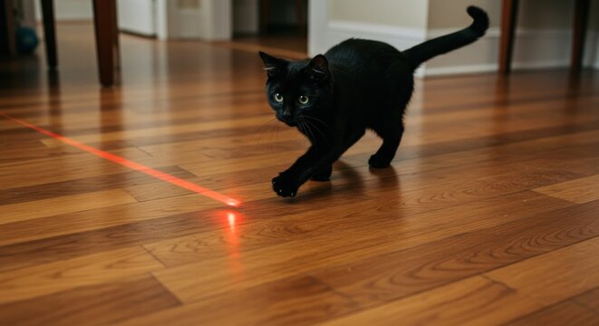 Black Cat Chasing Laser Pointer - Photo