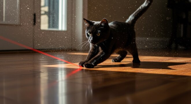 Black cat chasing red laser pointer - Photo