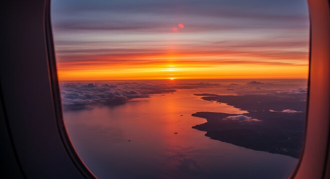 Fototapeta A beautiful sunset seen through an airplane window, with the vibrant orange and pink colors reflecting on the calm ocean below