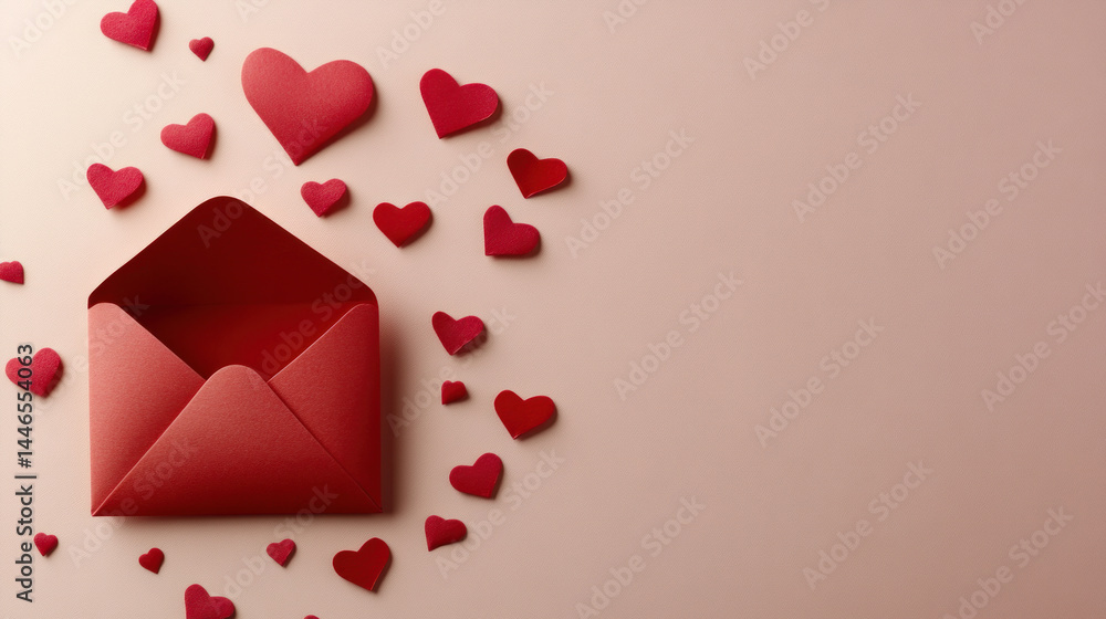 Poster a red envelope with hearts surrounding it. the envelope is open and the hearts are scattered around 