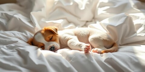 Adorable puppy curled on crisp white bedding, sunlight streaming in, small,  peaceful scene