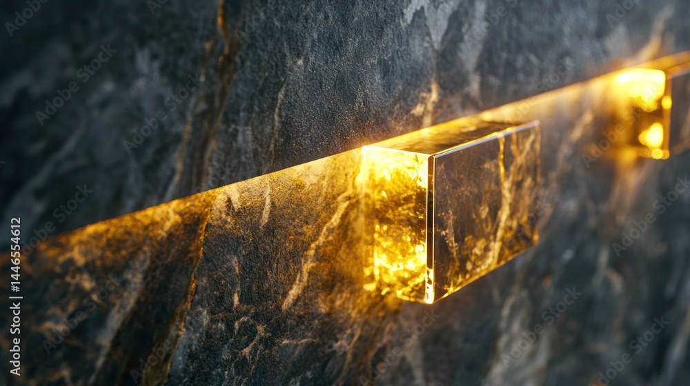 Poster glowing rectangular lights embedded in a dark marble wall create a warm ambiance