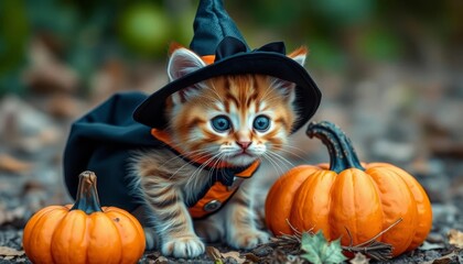 Adorable kitten in tiny witch costume beside carved pumpkin, witch, animal