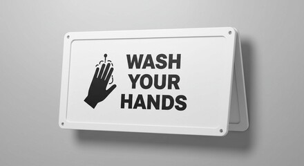 A white sign with the words wash your hands and a hand washing icon attached to a gray wall indoors