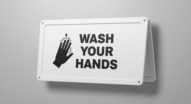 A white sign with the words wash your hands and a hand washing icon attached to a gray wall indoors - Powered by Adobe