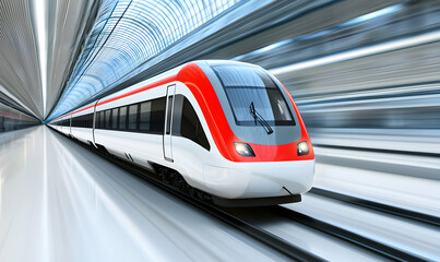 Fototapeta premium Sleek red/white train rushes through a tunnel, creating a blurred sense of speed and modern transport
