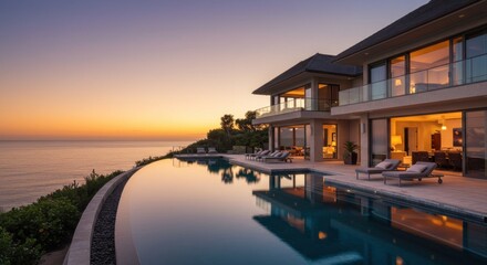 Fototapeta premium Luxurious Oceanfront Villa at Sunset - Photo