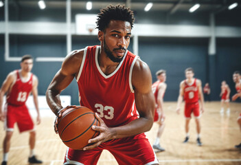 male basketball player in red jersey on indoor court holding ball, with blurred teammates in background