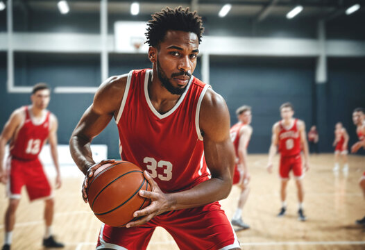 male basketball player in red jersey on indoor court holding ball, with blurred teammates in background - Powered by Adobe