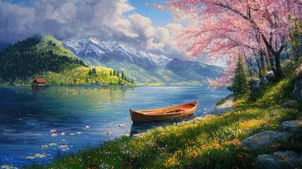 Peaceful lake scene with mountains and flowering trees.