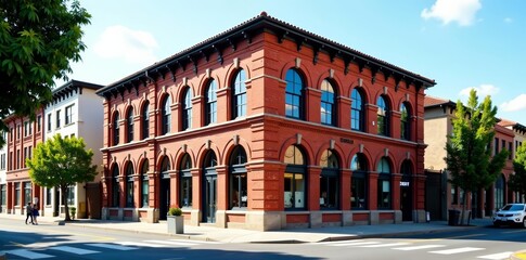 Red brick building with arched windows on street corner in urban setting, street, architecture, old