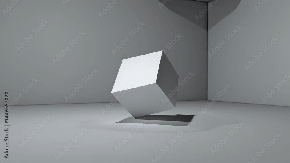 Poster abstract white cube rotating in minimalistic environment