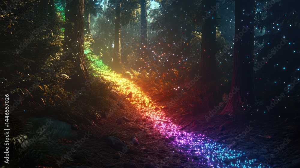 Poster a magical path through the forest illuminated by a spectrum of vibrant light