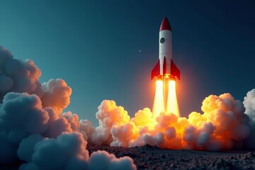 Fototapeta premium Rocket launch with bright flames symbolizing innovation and investment, business, startup, development
