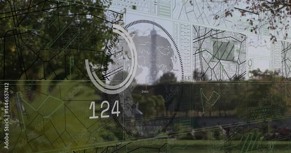 Poster digital hud overlay streaming over urban park, displaying circular scan ring, data panels in 3d