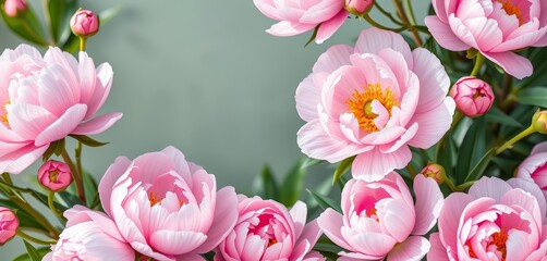 Obraz premium Soft pastel peonies in full bloom, delicate petals, summer festive floral frame, beauty, summer