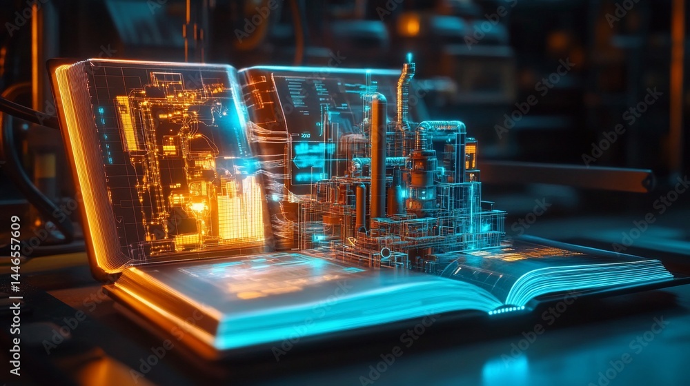 Poster open book displaying a 3d digital blueprint of a factory with glowing orange and blue lines