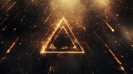 Fiery triangle symbol surrounded by particles and light.  Golden light erupts from the symbol. Dark background