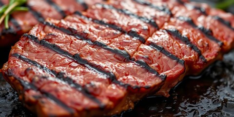 Succulent grilled beef, perfect grill marks, close-up, grilled beef, restaurant menu