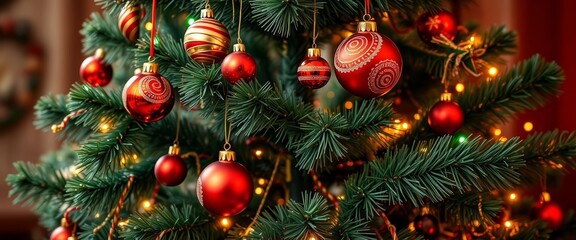 Fototapeta premium Swirling red, green, gold ornaments adorn a whimsical Christmas tree, radiating festive joy, festive background, photo