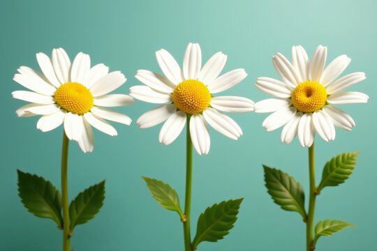 Three blooming chamomile plants in a row, perfect for herbal themes, farm, trio, botanical