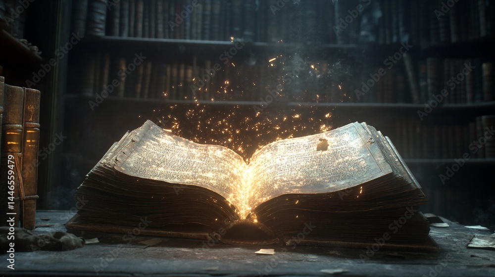 Poster mystical book with glowing pages in a library with old bookshelves and ancient texts