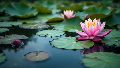Water lilies and lotus flowers create a floral pattern across still lake, art, water lily, photography
