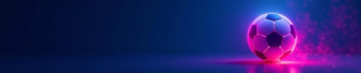 Naklejka premium Vibrant neon soccer ball illustration radiating light on dark blue backdrop, competition, vibrant, sports