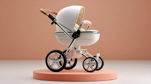 Elegant beige stroller with white canopy on orange background, high-resolution baby gear visual Video 4K UHD 60 fps