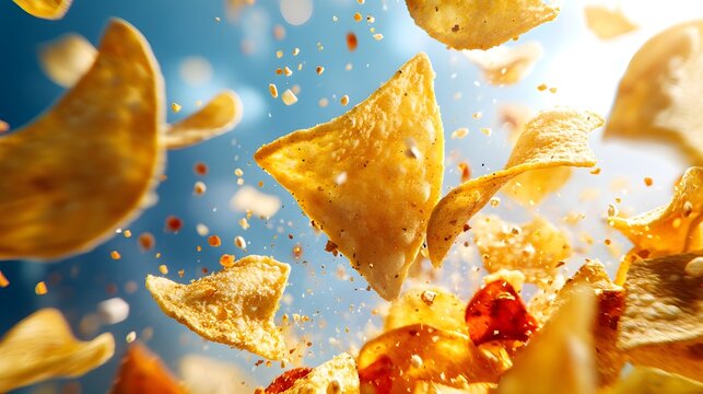Crispy Fiesta: A dynamic shot of tortilla chips suspended mid-air, showcasing their delightful textures and golden hues against a vibrant backdrop.