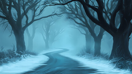 Foggy winter lane with bare trees. [Frozen Time] | Eternal Freeze | endless cold. Illustration