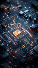 Close-up view of complex circuit board with glowing components. 