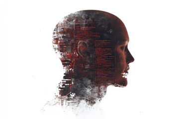 Digital head profile, code overlay, white background, AI concept