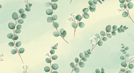 Eucalyptus Branches Pattern with Small White Flowers on a Pastel Background