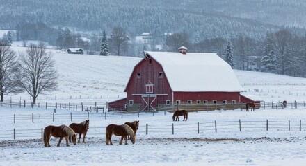 Winter Barn and Horses Photo