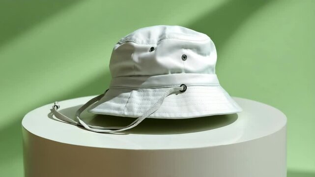 White baby sunhat with modern stitching in soft lighting on green base, ideal for newborn fashion themes - Video 4K UHD 60 fps