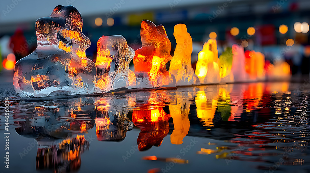 Poster illuminated ice sculptures reflect in dark water at night, creating a mesmerizing abstract display o