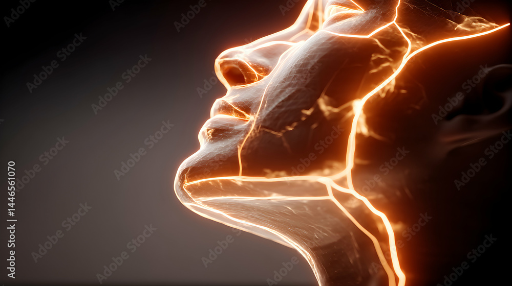 Poster abstract 3d rendering of a human face with glowing energy lines, representing concepts of connection