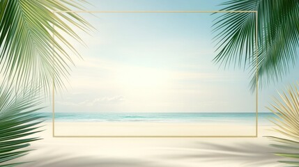 Fototapeta premium Tropical beach scene with golden frame. Lush palm leaves frame a serene beach vista