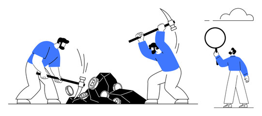 Workers mining gems with a pickaxe and hammer, inspecting results with a magnifying glass. Ideal for teamwork, labor, discovery, analysis, industry, perseverance, simple landing page