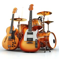 Acoustic And Electric Guitars With Drum Set High Resolution Photo