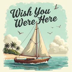 Relaxing sailboat journey in tropical waters under a clear sky with gentle waves and lush palm trees in the background