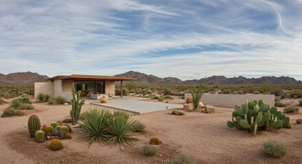 Desert home with cacti. Photo.