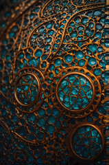 Close-Up of Ornate Copper Filigree Over Turquoise Glass Background